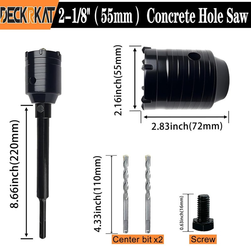 DECKRKAT 2-1/8" Concrete Hole Saw Kit,Electroplated Black Quenching Tech,Heavy-Duty Thickened Alloy Teeth,SDS Plus Shank & 2 Center Bits for Concrete,Brick,Stone. - Image 2